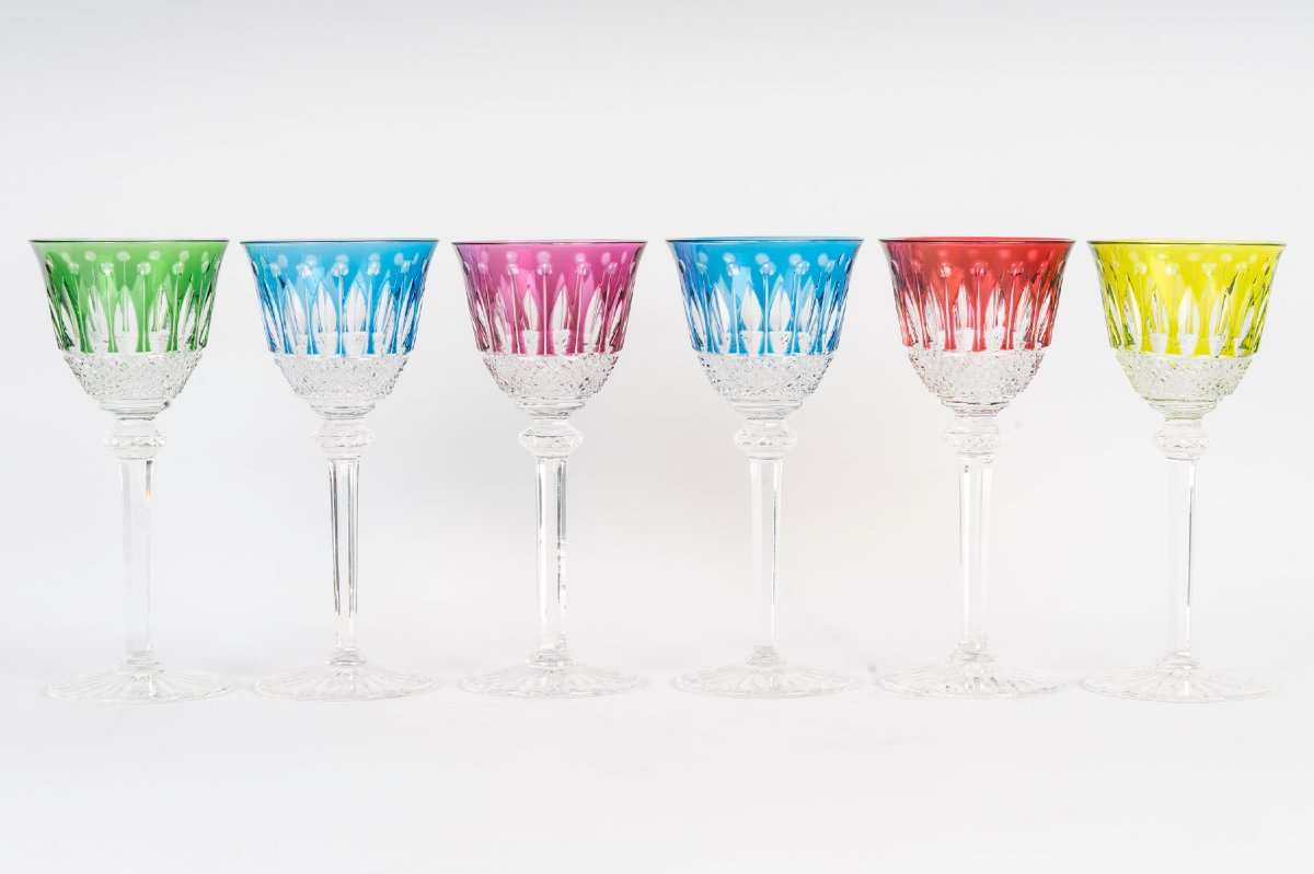 Cristal de Saint-Louis – 6 verres à vin modèle Tommy, cristal doublé multicolore -photo-2