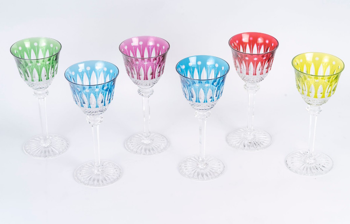 Cristal de Saint-Louis – 6 verres à vin modèle Tommy, cristal doublé multicolore 