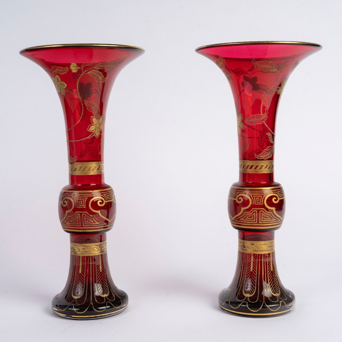 Baccarat: Pair Of Japanese-style Conical Vases, Late 19th Century-photo-2