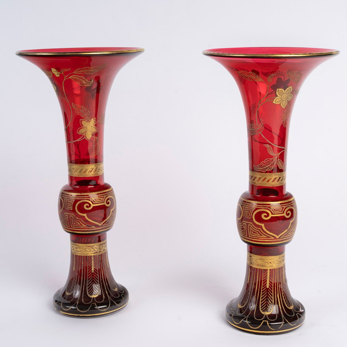 Baccarat: Pair Of Japanese-style Conical Vases, Late 19th Century-photo-3