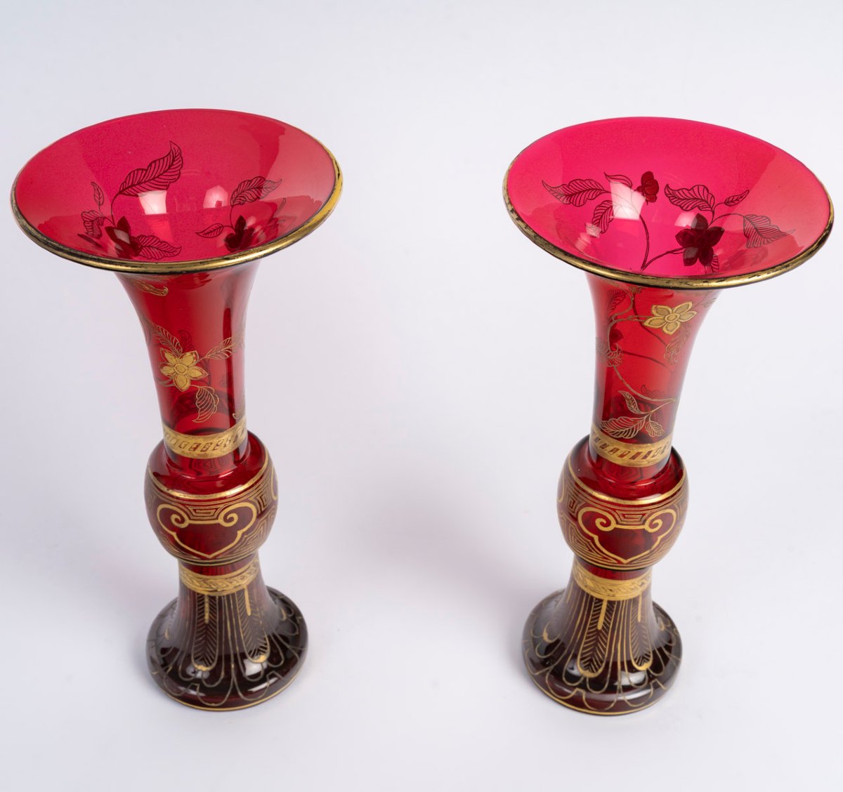 Baccarat: Pair Of Japanese-style Conical Vases, Late 19th Century-photo-4