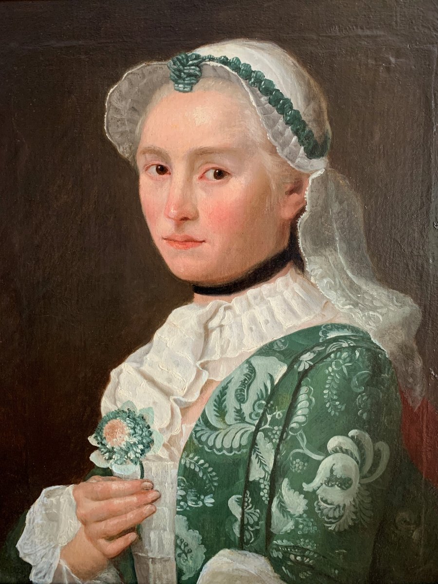 Portrait de femme aristocrate à la fleur, époque Louis XV-photo-2