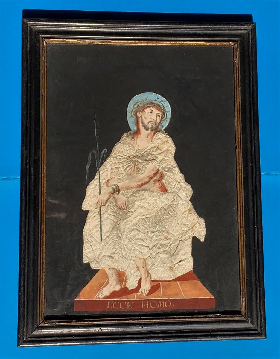 Ecce Homo `` Christ Of Pity '' Popular Gouache On Canivet-style Embossed Paper, Late 18th C.-photo-2