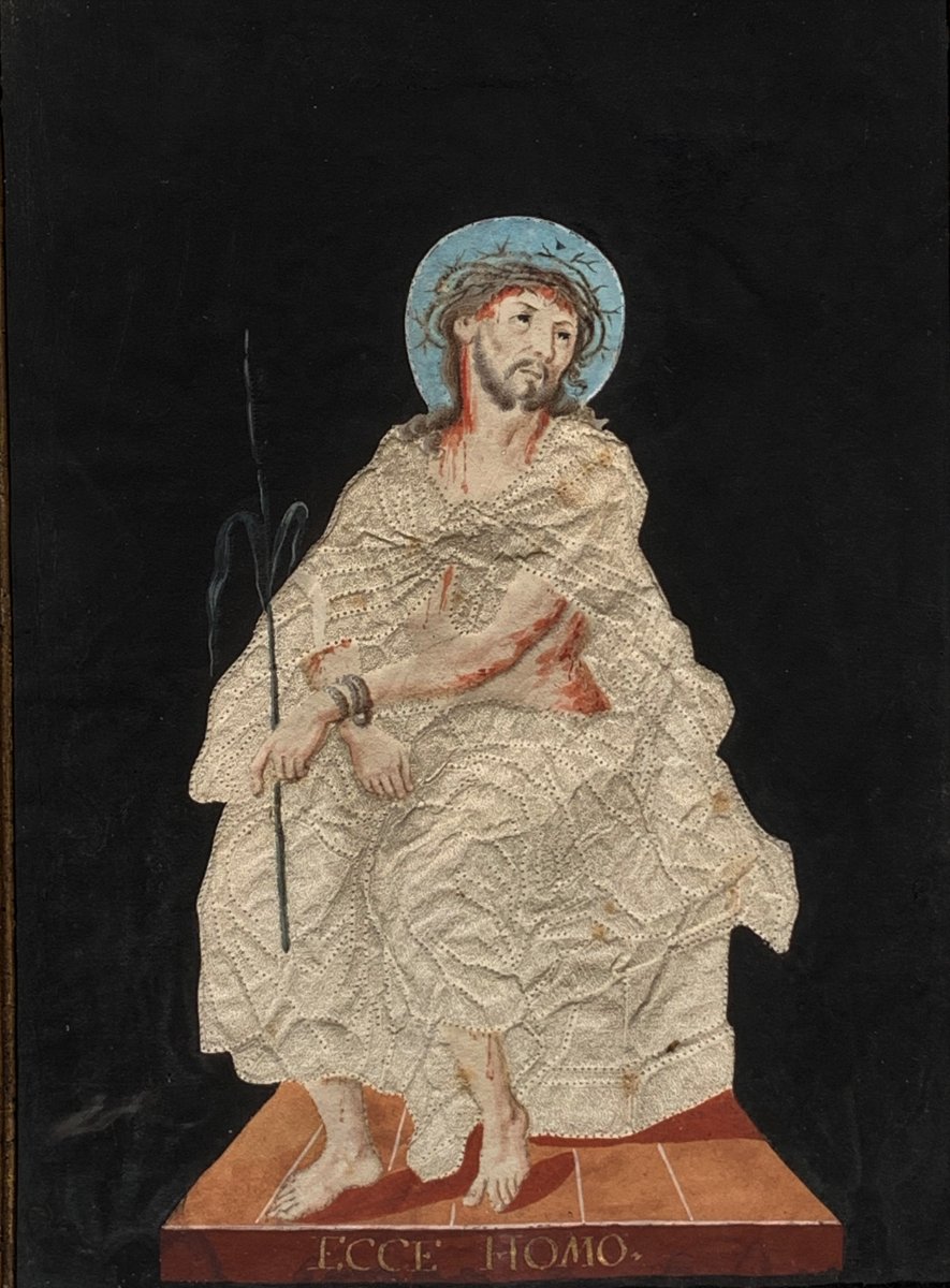 ECCE HOMO ''Christ de Pitié'' Gouache populaire sur papier gaufré façon canivet, fin 18ème-photo-3