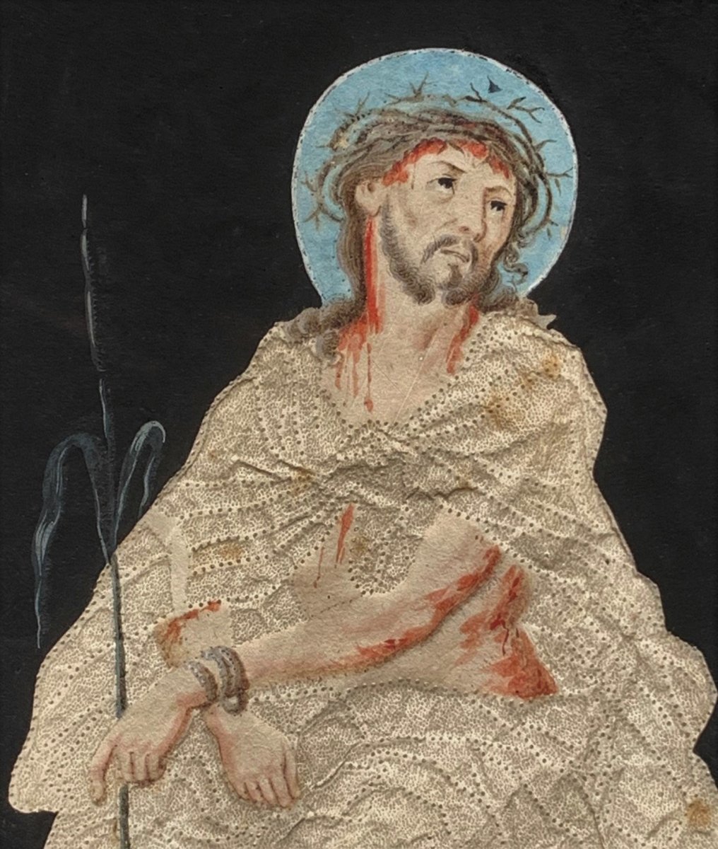 ECCE HOMO ''Christ de Pitié'' Gouache populaire sur papier gaufré façon canivet, fin 18ème-photo-4