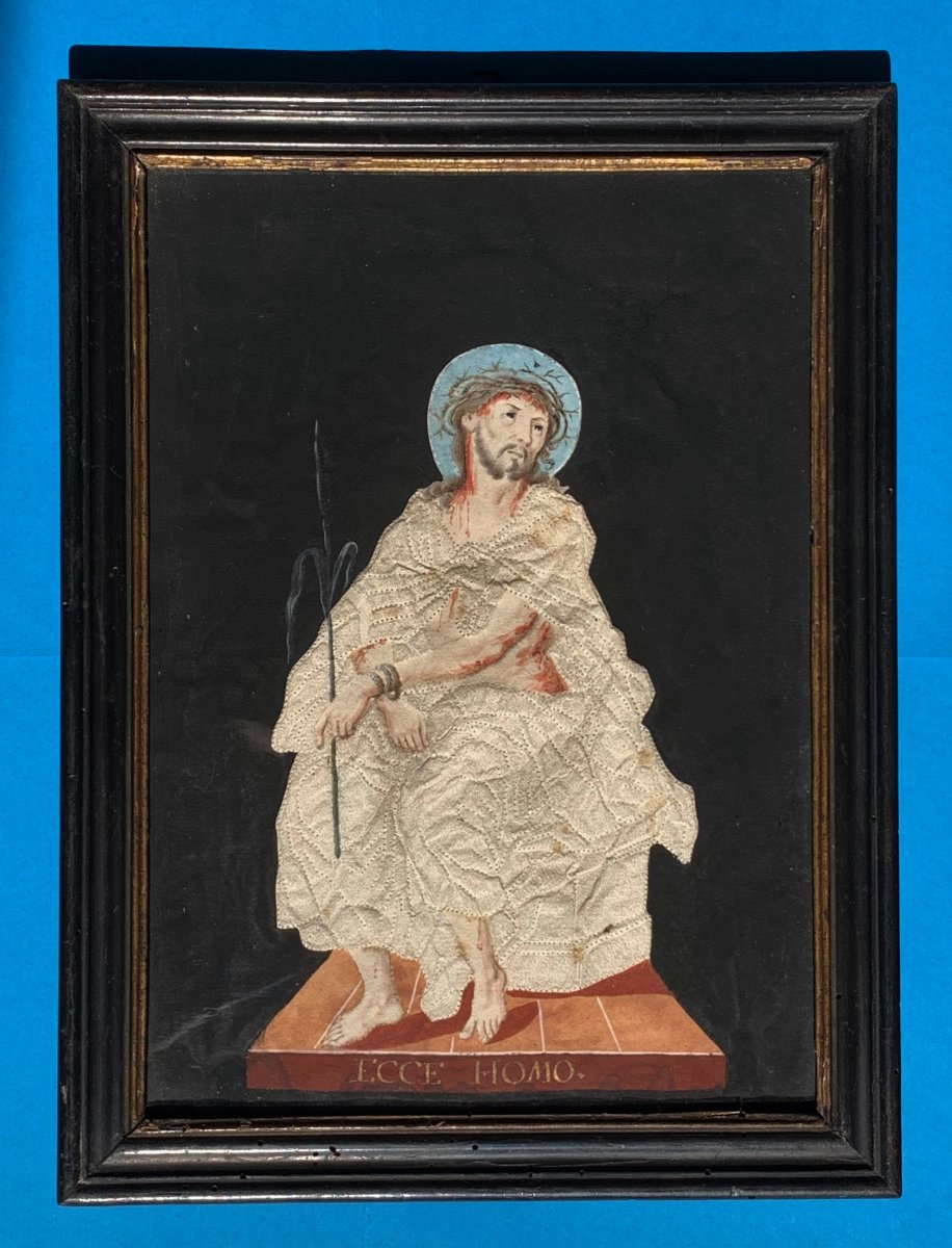 Ecce Homo `` Christ Of Pity '' Popular Gouache On Canivet-style Embossed Paper, Late 18th C.-photo-1