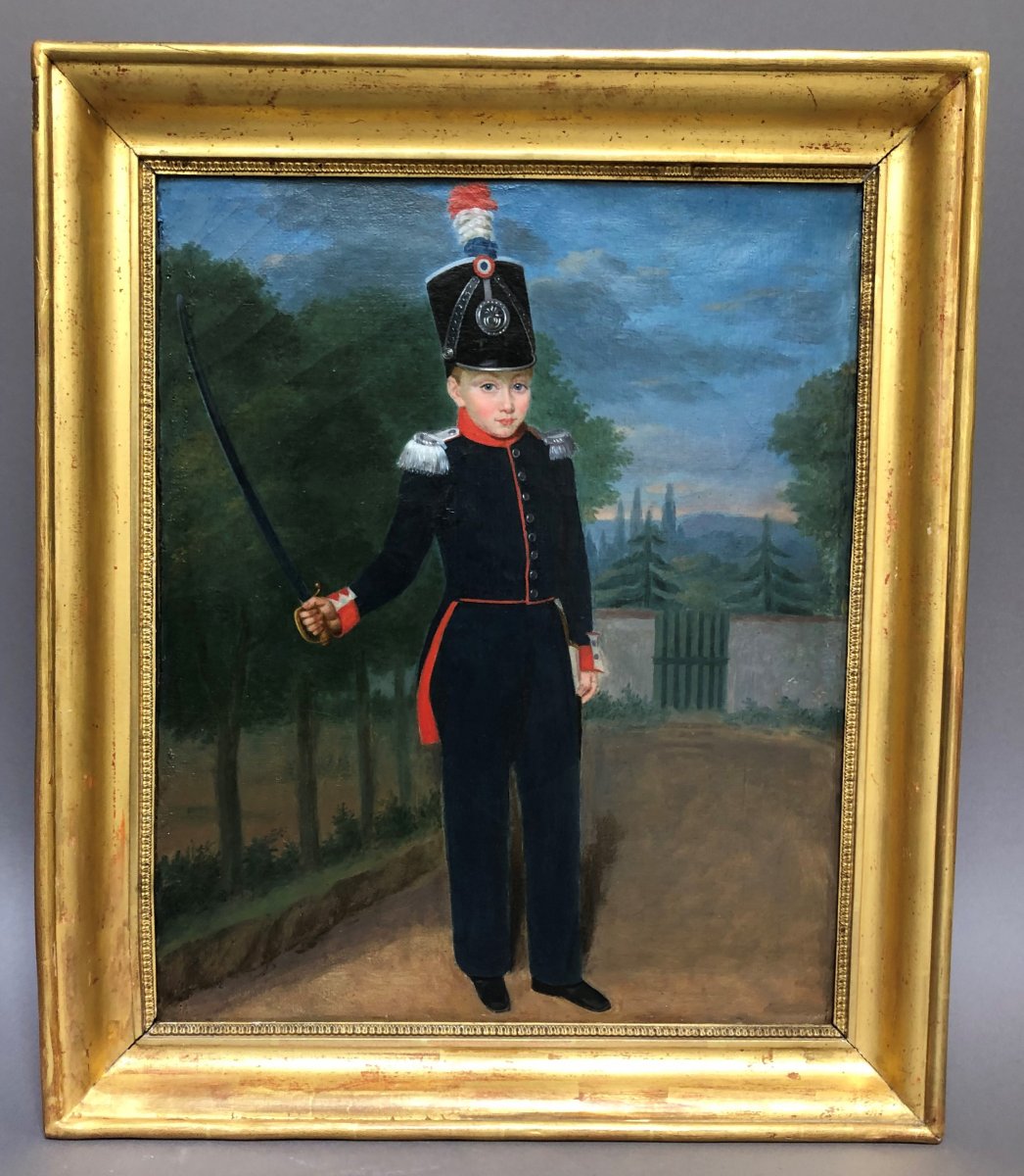 Portrait d'enfant costumé en officier de chasseur de la garde nationale,  époque Louis-Philippe-photo-2