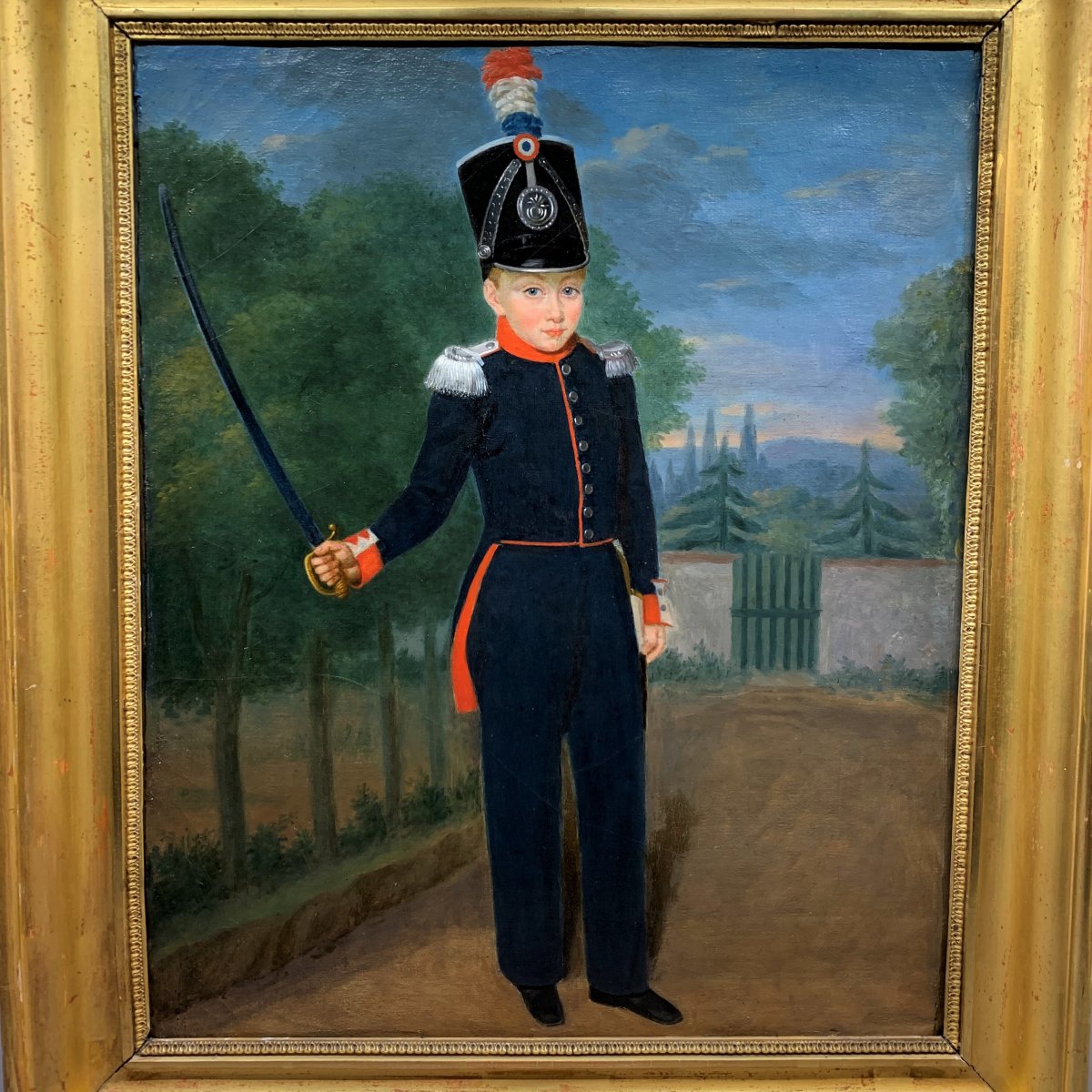 Portrait d'enfant costumé en officier de chasseur de la garde nationale,  époque Louis-Philippe