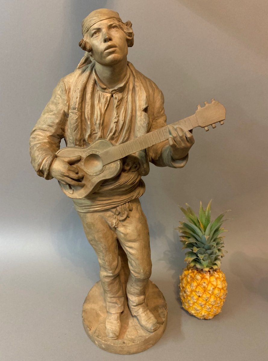 SÈvres: Terracotta Sculpture, Young Man With Guitar, Signed V. Oms-photo-2