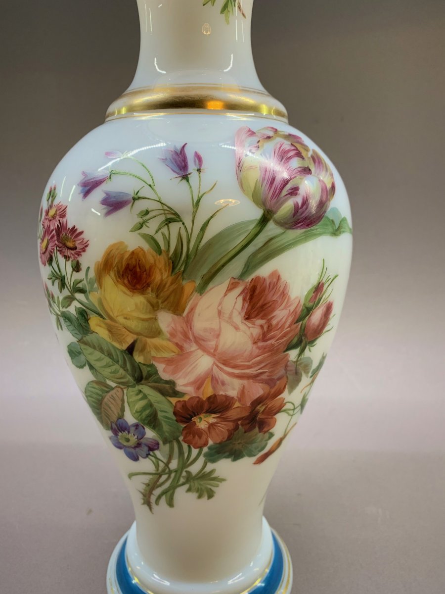 Baccarat:  Lovely Large Opaline Vase With Floral Decoration, By Jean-françois Robert-photo-2