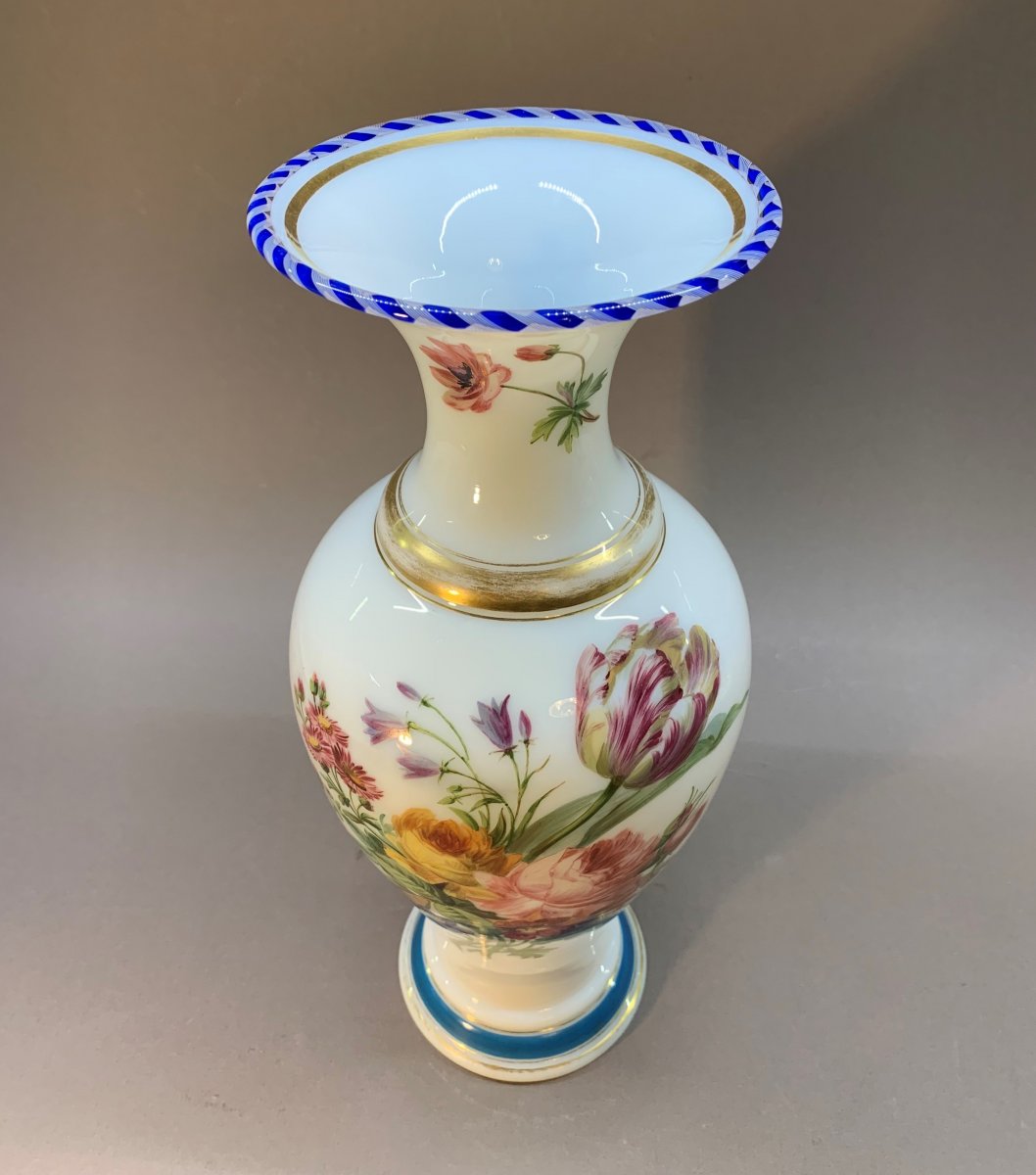 Baccarat:  Lovely Large Opaline Vase With Floral Decoration, By Jean-françois Robert-photo-4