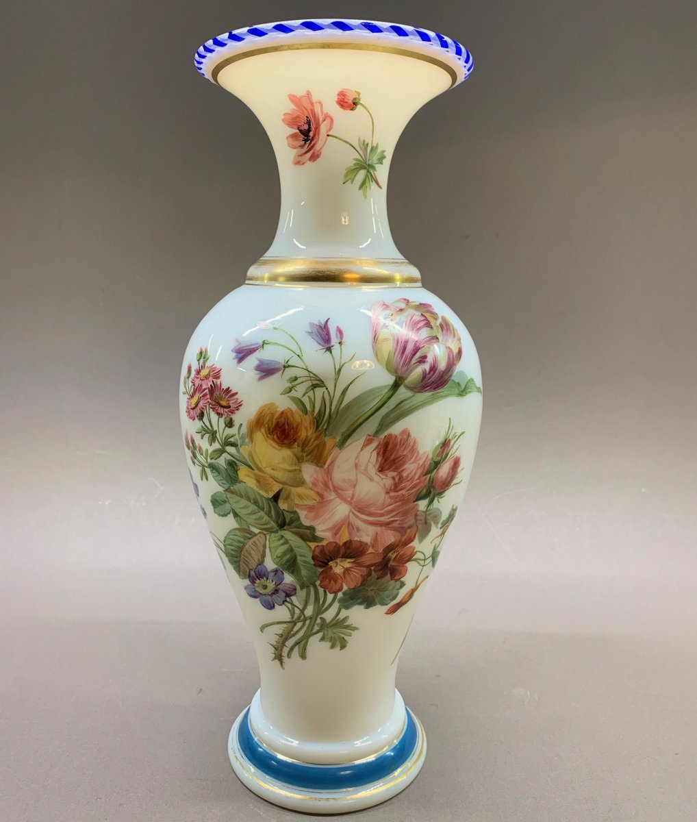 Baccarat:  Lovely Large Opaline Vase With Floral Decoration, By Jean-françois Robert