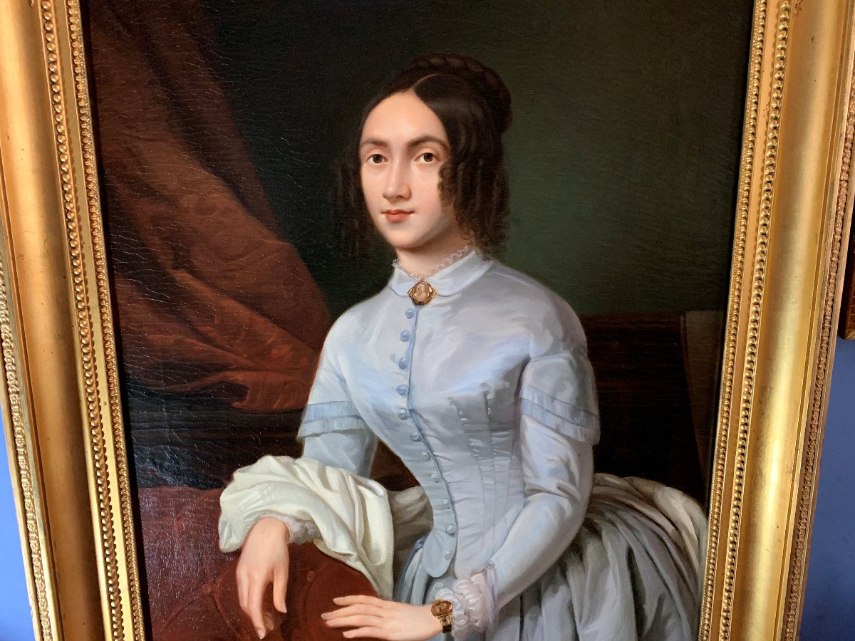École française : Jolie jeune femme romantique dans son intérieur, époque Louis-Philippe-photo-3