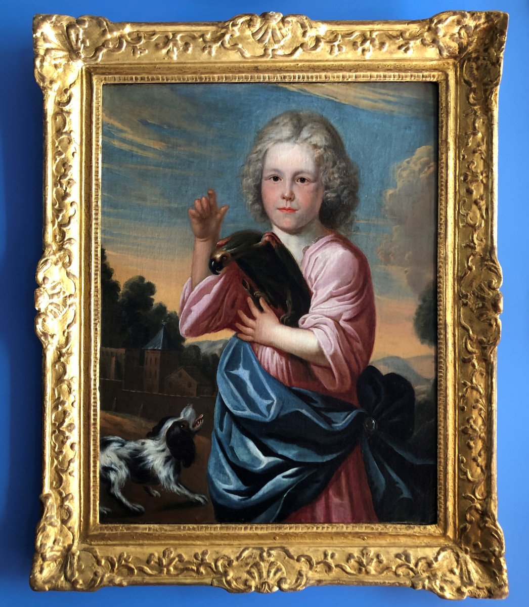 École Française d'époque Louis XIV, Tableau allégorique ''Enfant  perroquet et chien''-photo-2