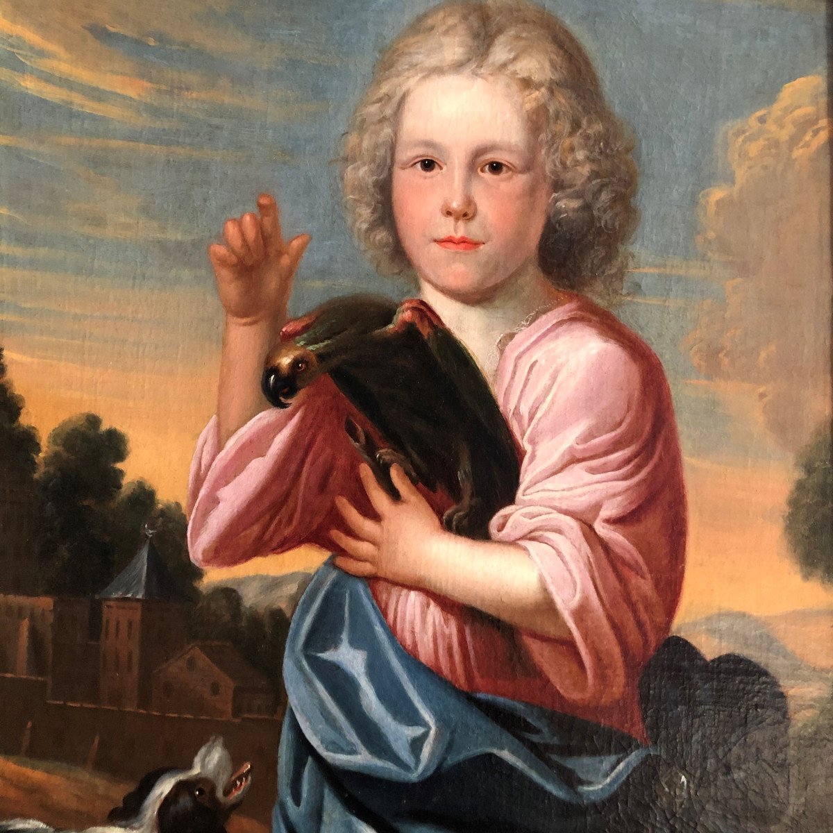 École Française d'époque Louis XIV, Tableau allégorique ''Enfant  perroquet et chien''-photo-3