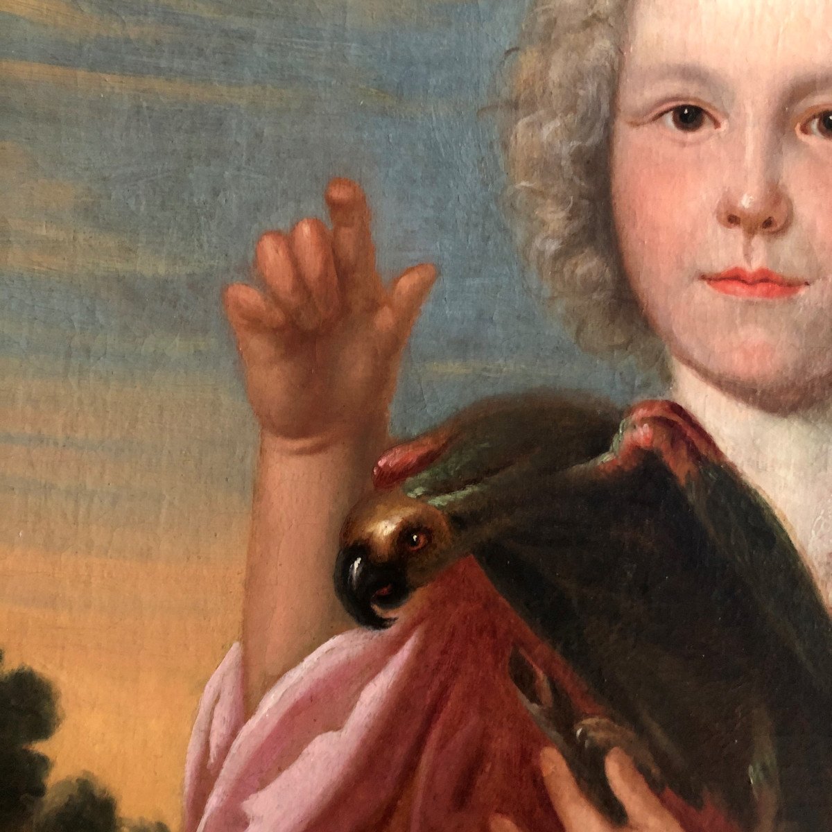 École Française d'époque Louis XIV, Tableau allégorique ''Enfant  perroquet et chien''-photo-1