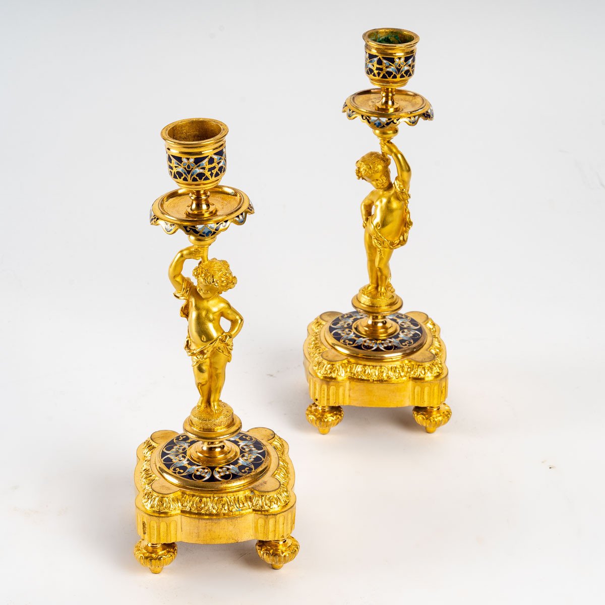 Pair Of Candlesticks With Putti In Gilt And Cloisonné Bronze, Napoleon III Period-photo-3