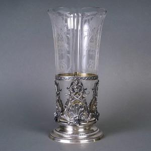 Baccarat Engraved Crystal Vase And Its Regency Style Silver Frame.