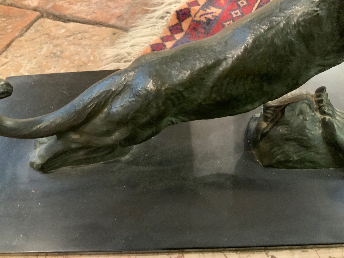 Art Deco Bronze, Hunter Attacking A Panther, Signed Salvator Mélani-photo-1