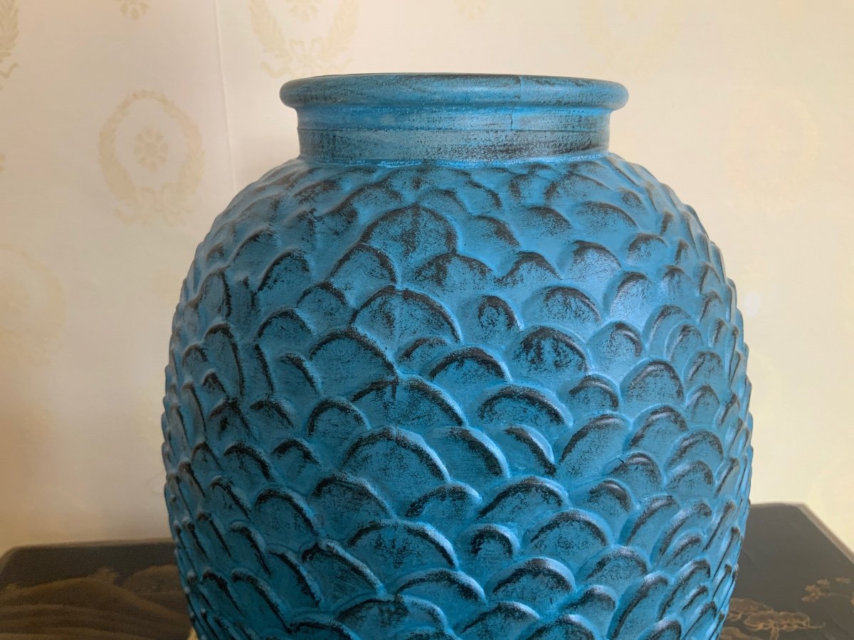 Grand  Vase  Bleu  En  Verre  Moulé . Circa 1960-70-photo-1