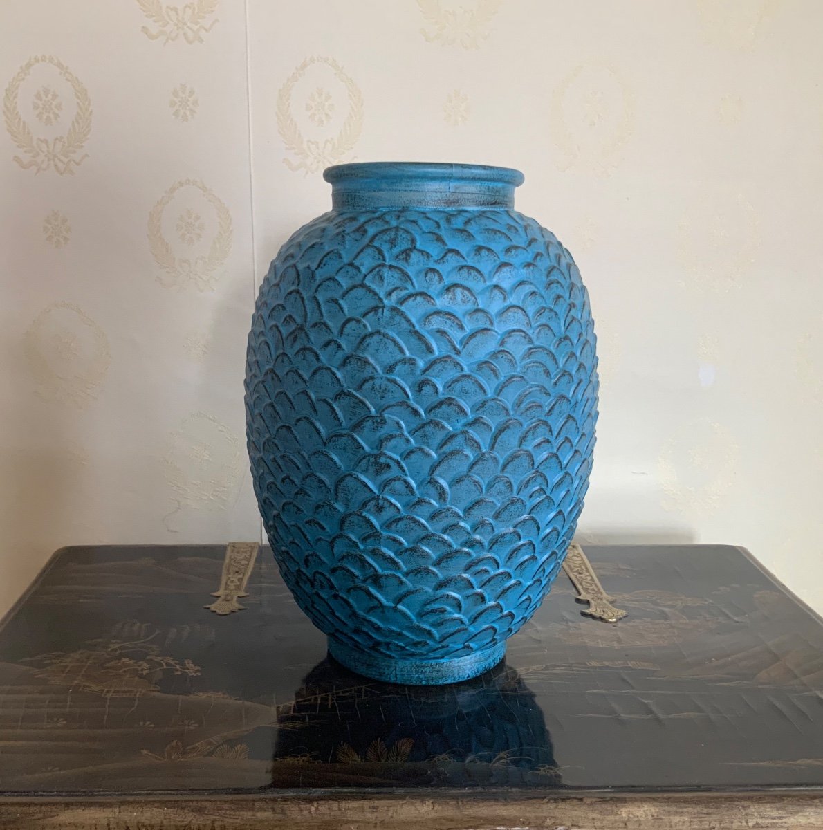 Large Blue Molded Glass Vase. Circa 1960-70