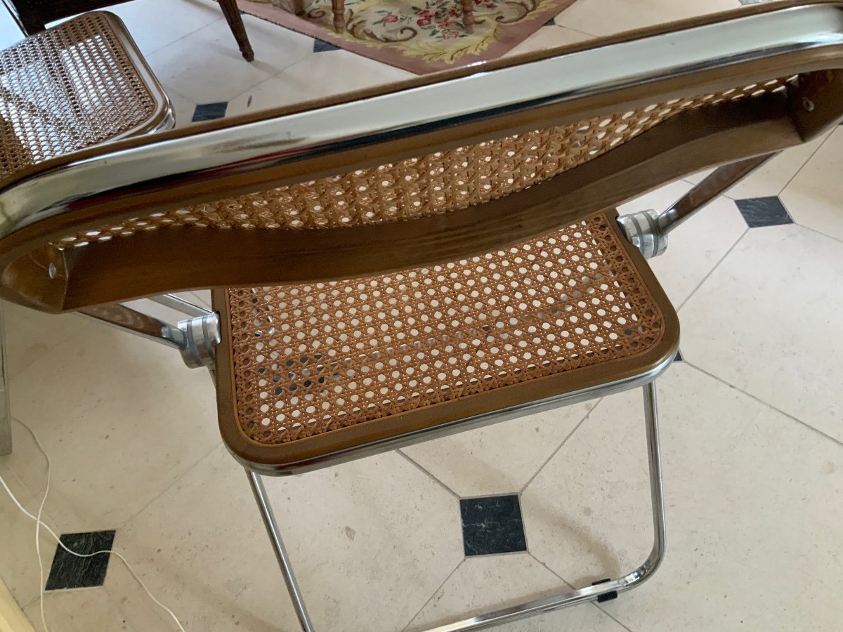 Pair Of Folding Chairs, Plia Model, Cannage And Chromed Metal -photo-1