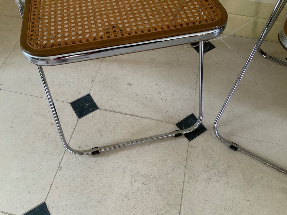 Pair Of Folding Chairs, Plia Model, Cannage And Chromed Metal -photo-2