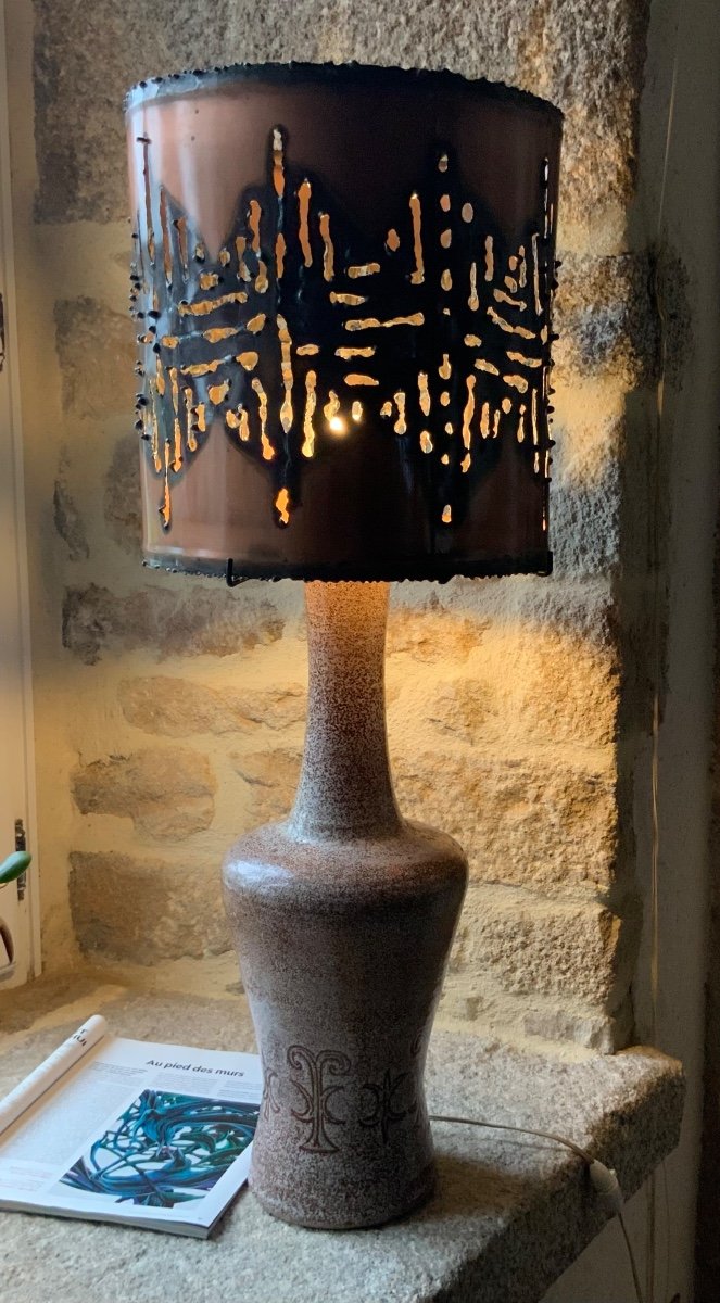 Large Accolay Ceramic Lamp And Openwork Copper Metal Lampshade 