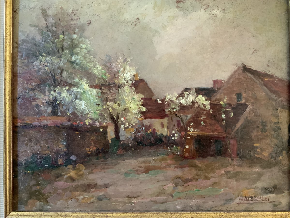 Huile Sur Panneau,  Cour  De  Ferme  Aux  Poiriers  En  Fleurs.-photo-3