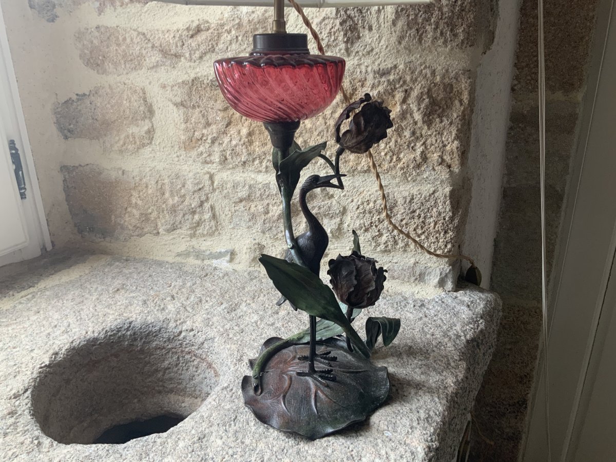 Lampe Art Nouveau à Décor D’échassier En Bronze-photo-3