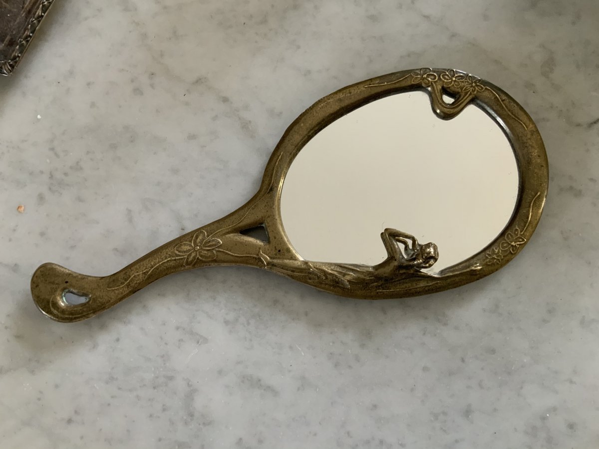 Miroir, Face à Main En Bronze,  Art Nouveau