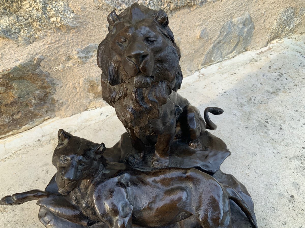 Léon Bureau  .lion Et Lionne  Sur Un Rocher-photo-2