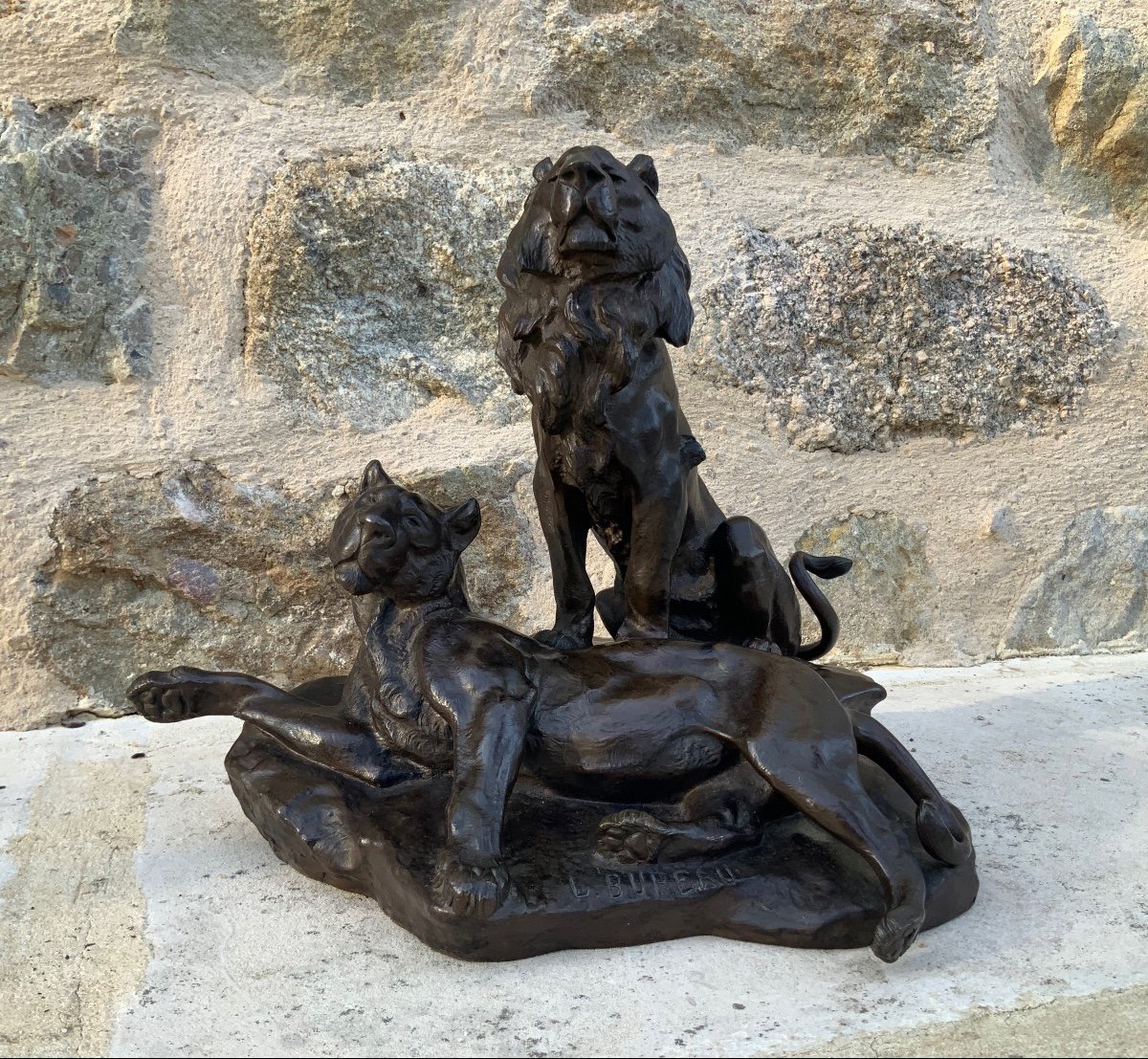 Léon Bureau  .lion Et Lionne  Sur Un Rocher-photo-4