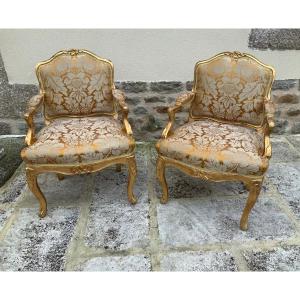 Paire De Fauteuils à La Reine En Bois Doré. époque Lxv  Attr à Cresson l’aîné