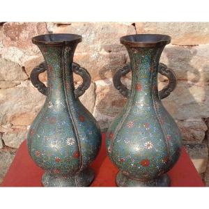 Large Pair Of Cloisonne Bronze Vases. Meiji Period