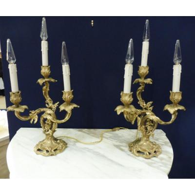 Paire De chandeliers Candélabres De Style Lxv  En Bronze Doré 