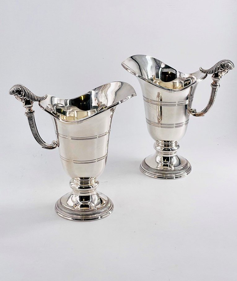 Pair Of Hanaps Or Helmet Ewers In Sterling Silver, 950 Thousandths, Têtard Frères Goldsmith