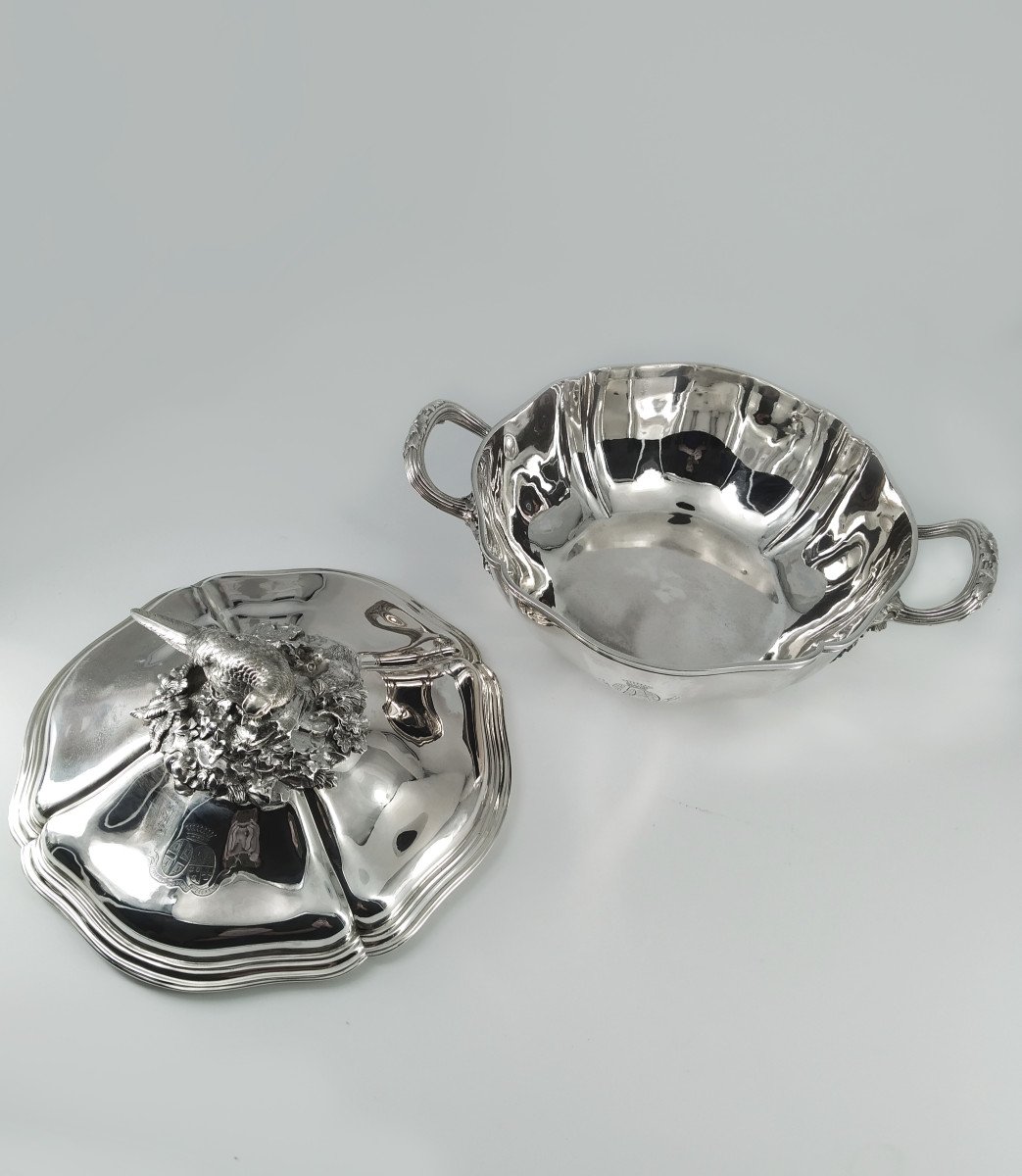 Vegetable Dish In Silver, Contour Net Model And Foliage Staples, Pheasant Shaped-photo-3