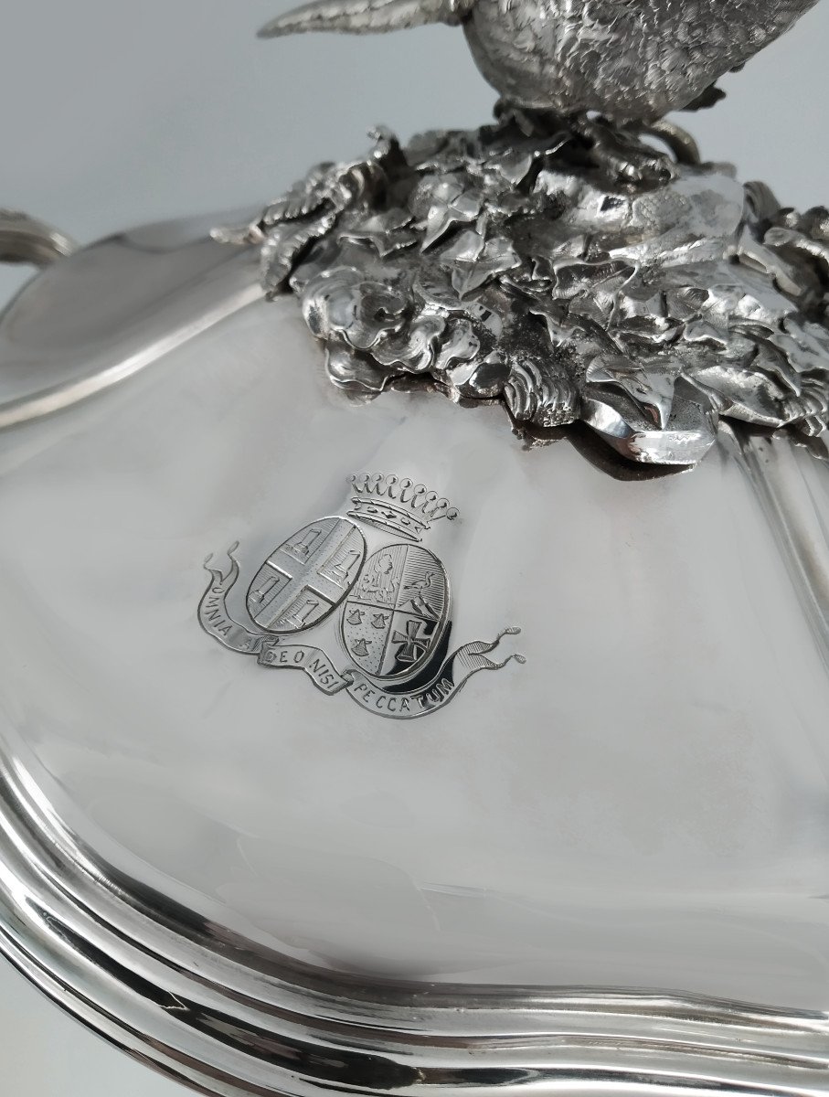 Vegetable Dish In Silver, Contour Net Model And Foliage Staples, Pheasant Shaped-photo-2