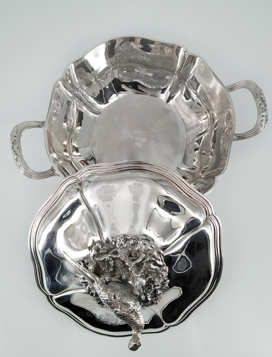 Vegetable Dish In Silver, Contour Net Model And Foliage Staples, Pheasant Shaped-photo-3