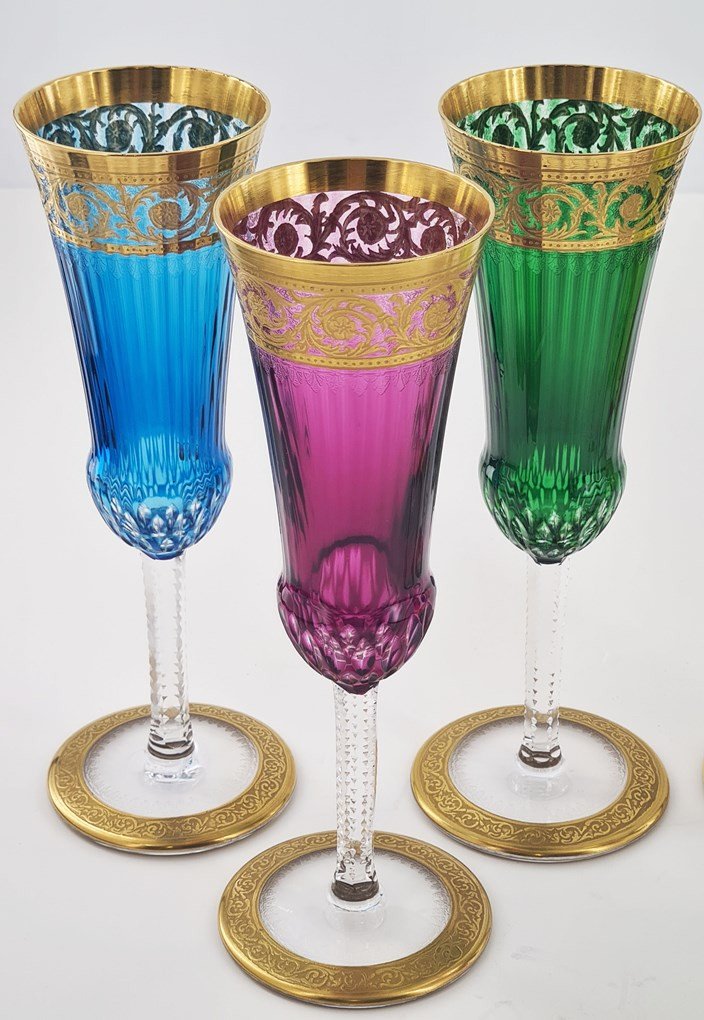 Suite Of 6 Saint Louis Crystal Champagne Flutes, Thistle Gold Model.-photo-4