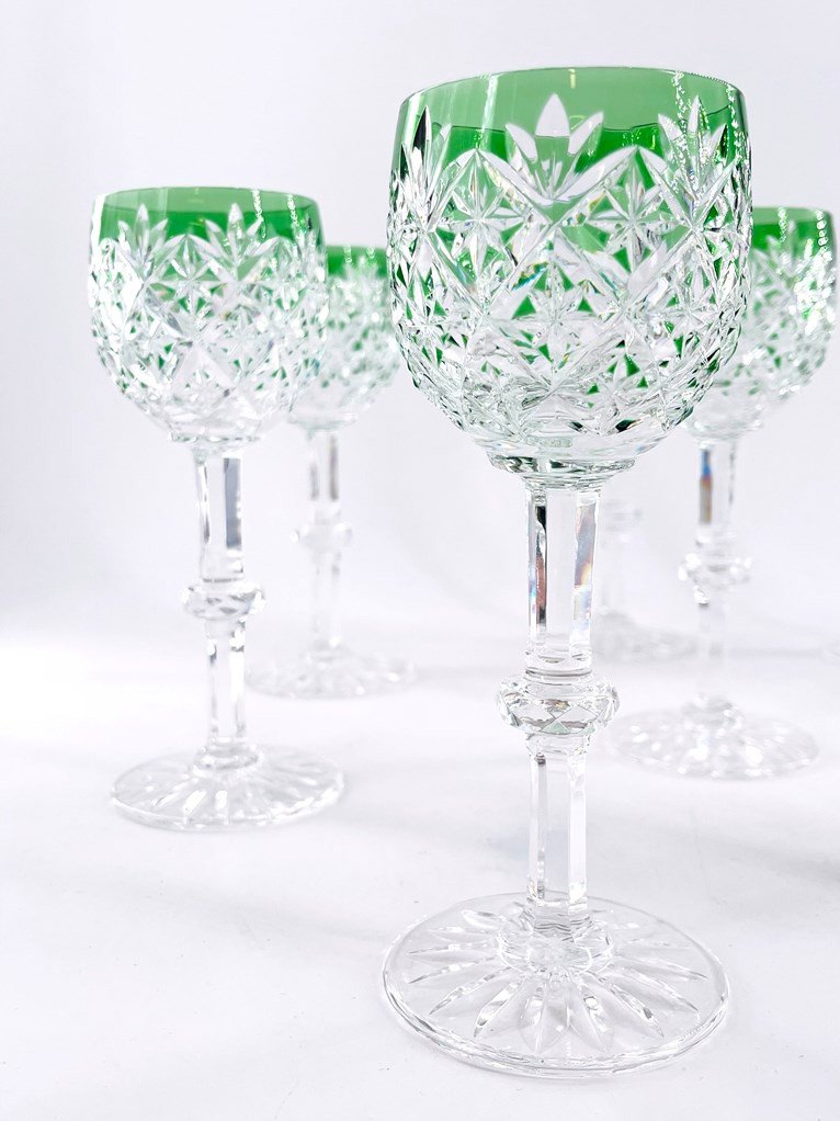 Magnifique Suite De 6 Verres à Vin Du Rhin En Cristal De Saint Louis Verts.-photo-2