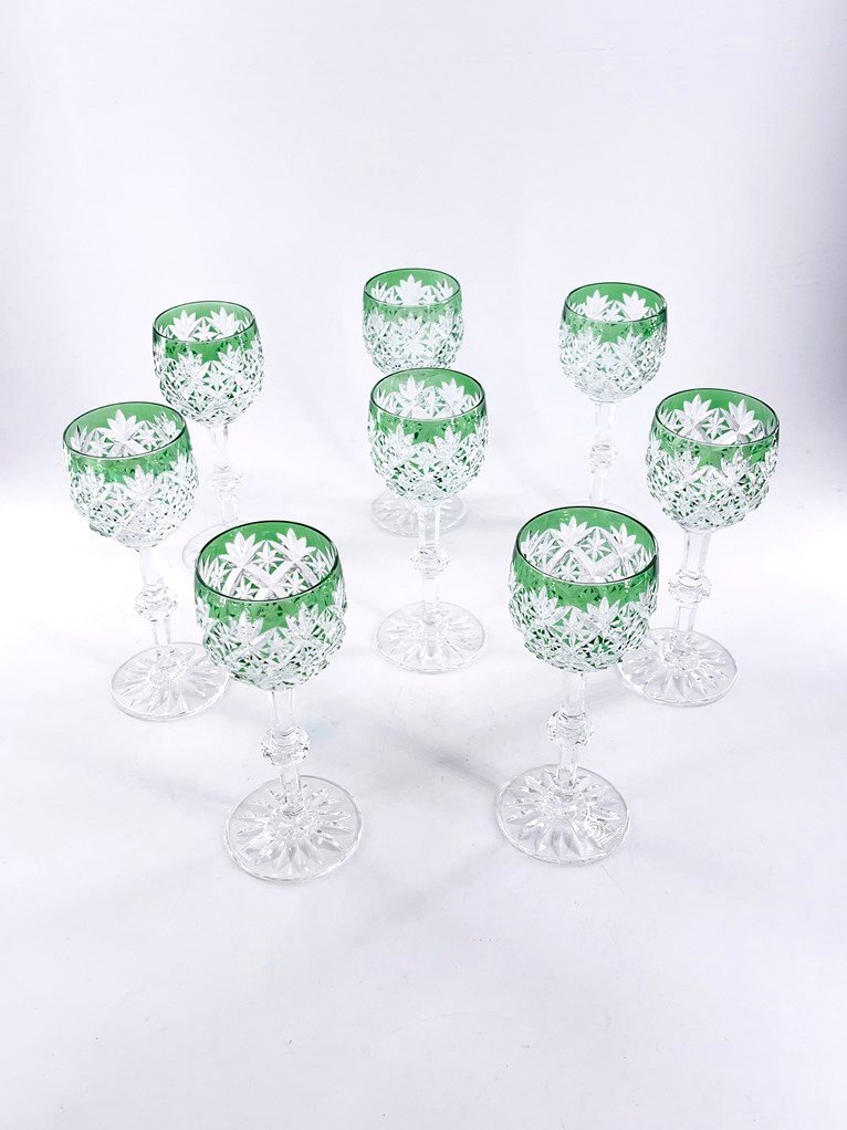 Magnifique Suite De 6 Verres à Vin Du Rhin En Cristal De Saint Louis Verts.-photo-3