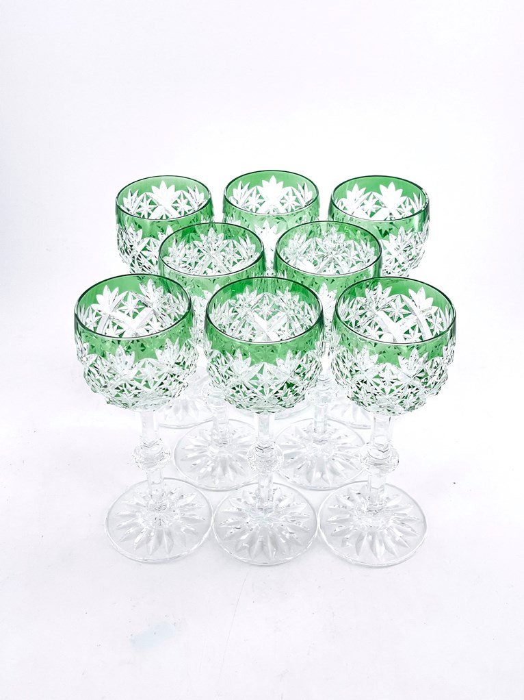 Magnifique Suite De 6 Verres à Vin Du Rhin En Cristal De Saint Louis Verts.