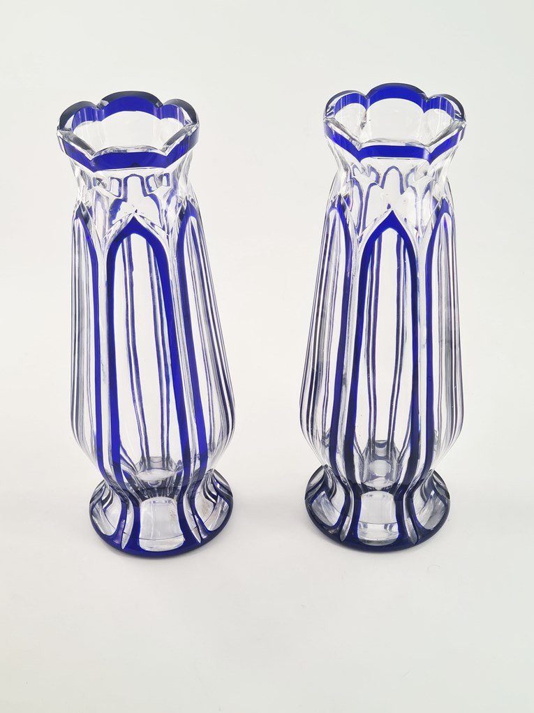  Paire De Vases En Cristal De Saint Louis Doublés Bleus-photo-1