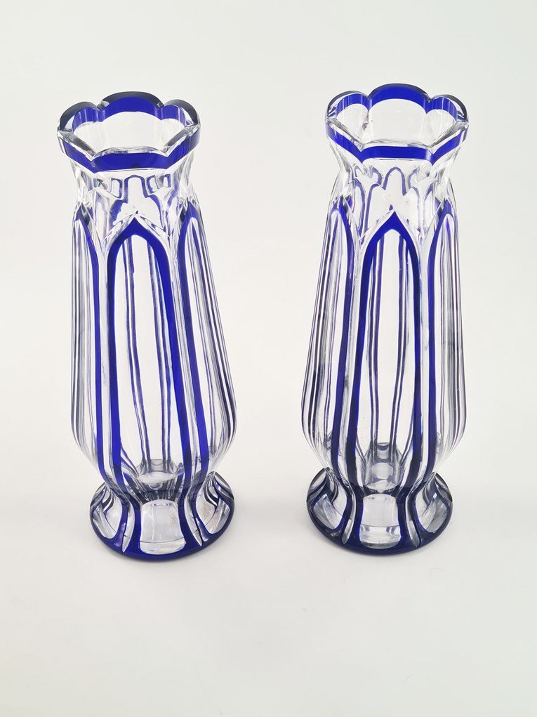  Pair Of Blue Lined Saint Louis Crystal Vases-photo-1