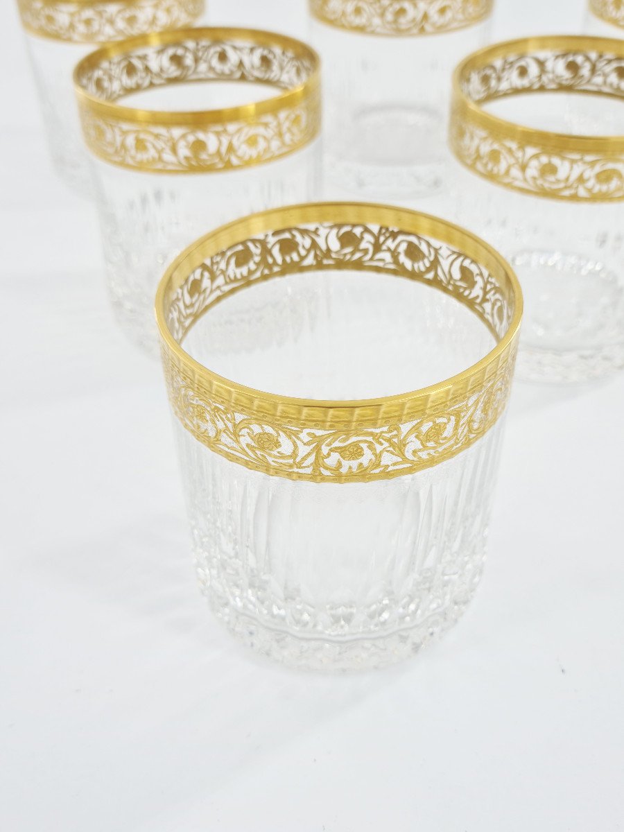 Suite Of 6 Medium Gold Cylindrical Goblets Model Thistle Saint Louis.-photo-2
