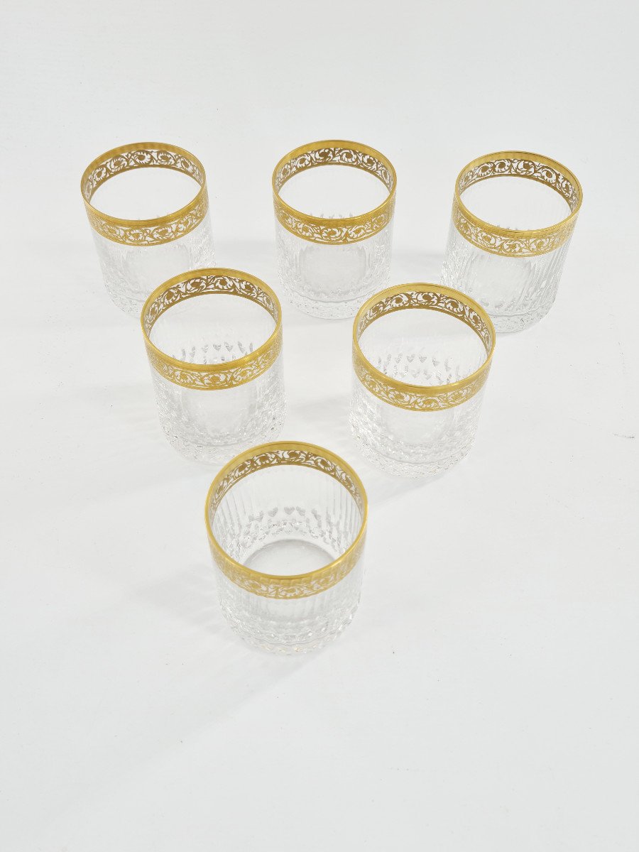 Suite Of 6 Medium Gold Cylindrical Goblets Model Thistle Saint Louis.-photo-3