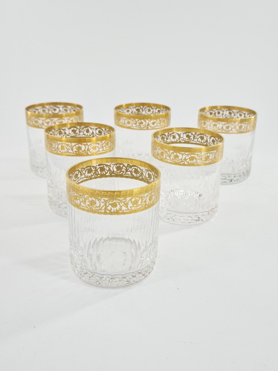 Suite Of 6 Medium Gold Cylindrical Goblets Model Thistle Saint Louis.