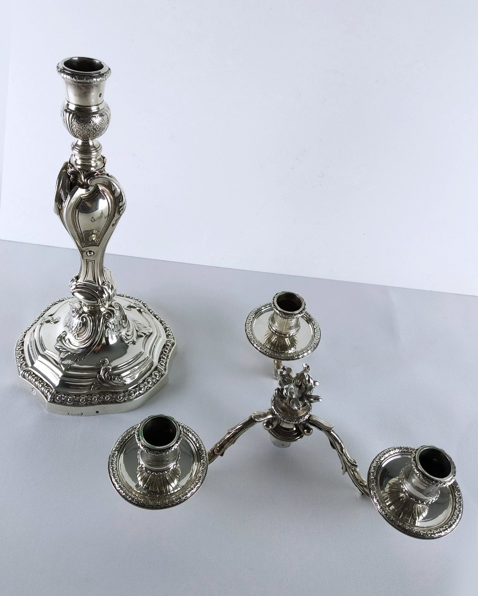 Very Pretty Pair Of Silver Table Ends, Transformable Into Candlesticks, Goldsmith Aucoc-photo-2